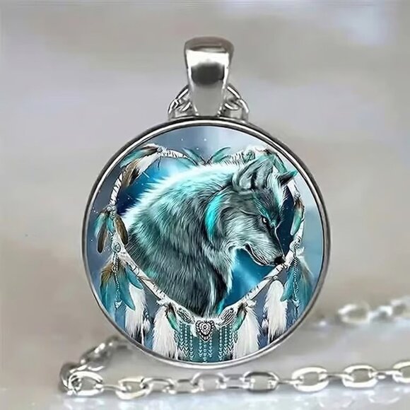 Silver WOLF Glass Cabochon Pendant Necklace - Picture 2 of 3